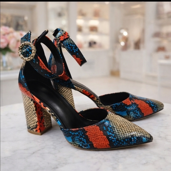 Unbranded Shoes - Women's Snakeskin Print Block Heel Pumps Ankle Strap Pointed Toe EU 42